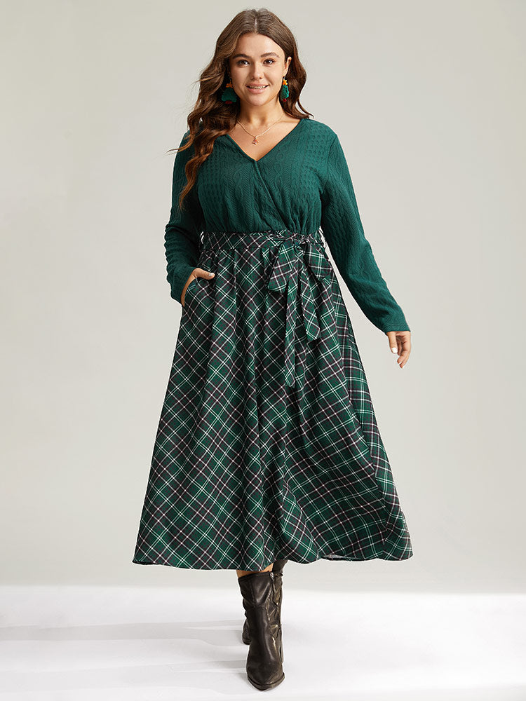 Christmas Plaid Wrap Belted Cable Knit Dress