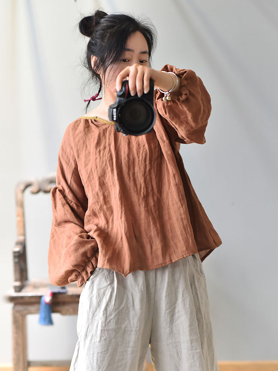 Plus Size Women Spring Retro V-Neck Puff Sleeve Shirt