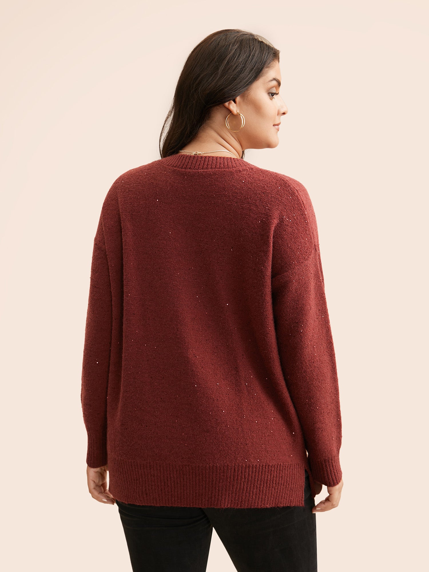 V Neck Glitter Dropped Shoulder Split Hem Pullover