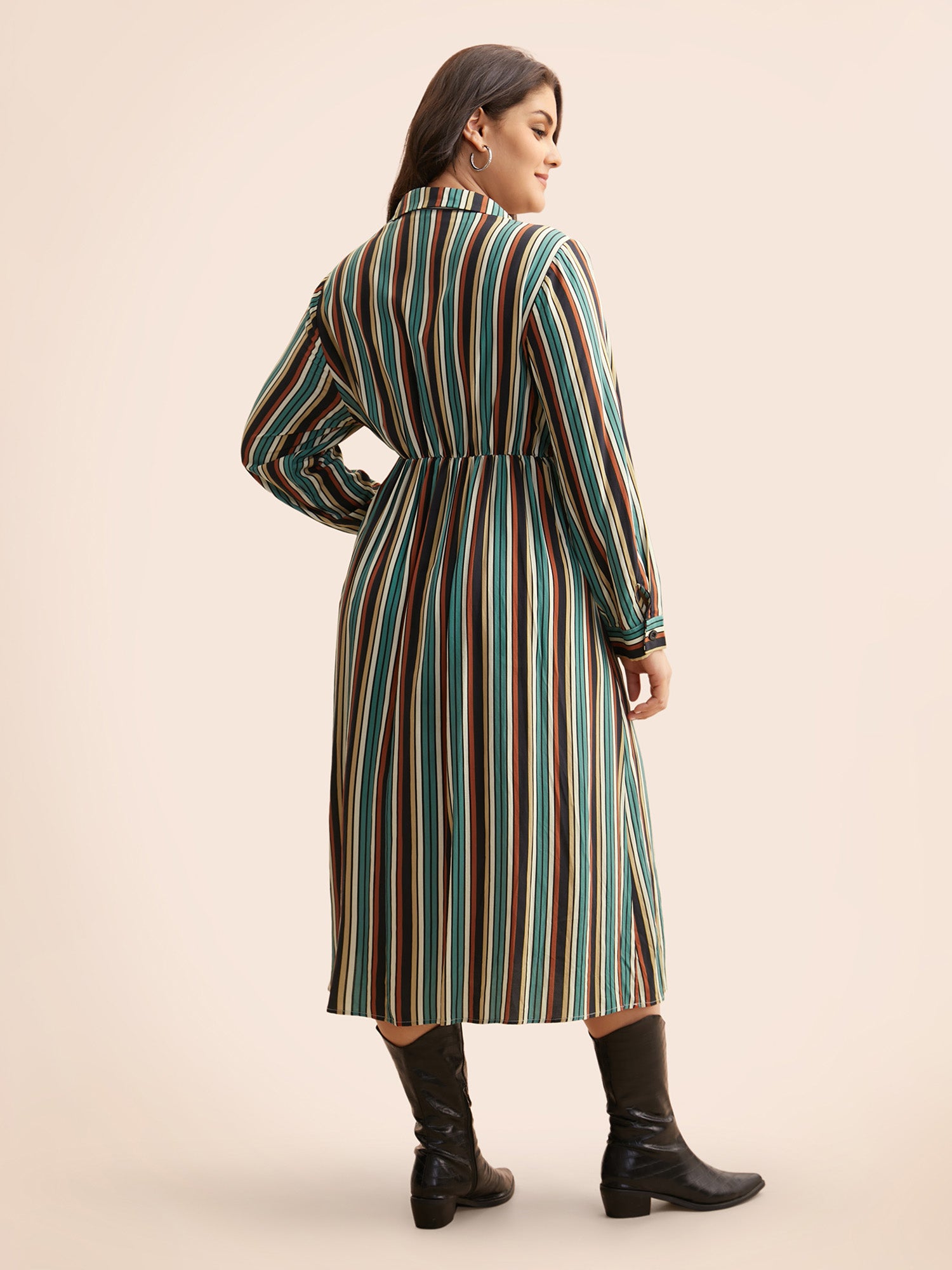 Shirt Collar Contrast Striped Midi Dress