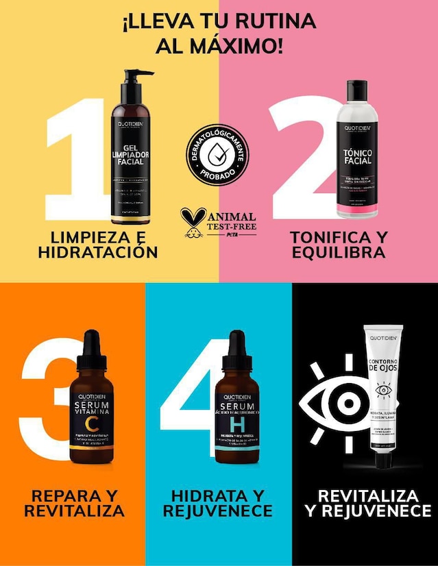 Kit Facial Limpiador + Tónico + Serum Vitamina C + Suero Acido Hialuronico + Gel Contorno de Ojos Quotidien Skin Care