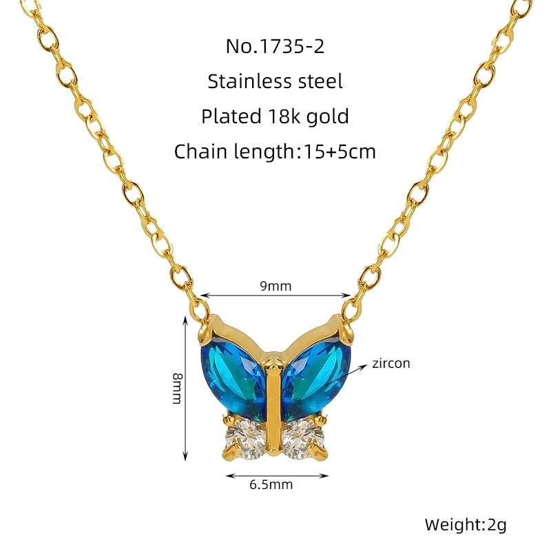 Princess Cute Heart Shape Butterfly 304 Stainless Steel Zircon 18K Gold Plated Inlay Pendant Necklace