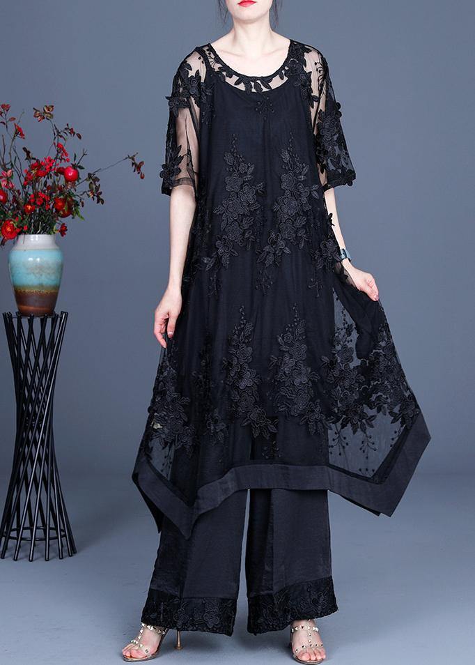 Summer Black Dress Wide Leg Pants Suspender Skirt Three Piece Set