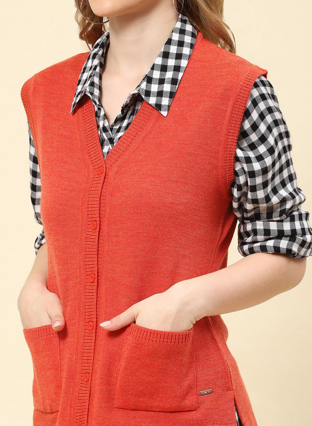 Women Rust Orange Solid Blend wool Cardigan