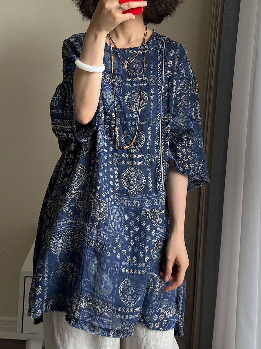Women Summer Vintage Flower O-neck 100%Raime Shirt