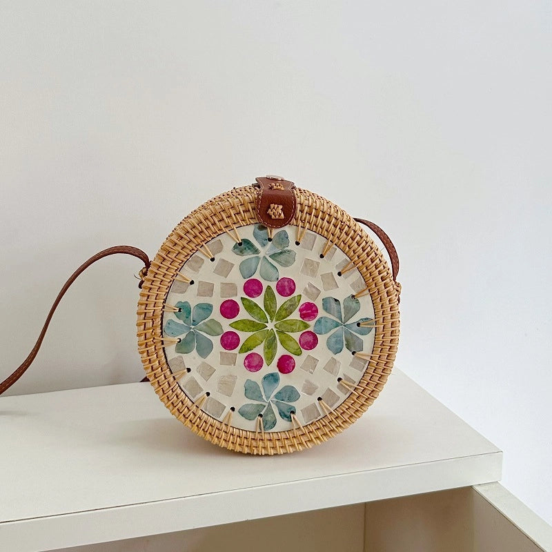 Women's Medium Rattan Floral Elegant Magnetic Buckle Dome Bag