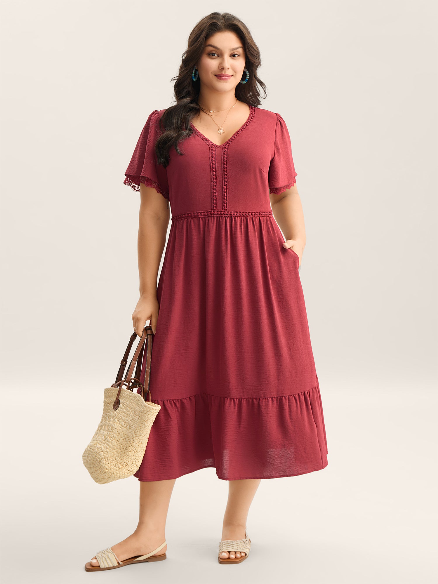 Lace Trim Neck Sheer Pockets Maxi Dress