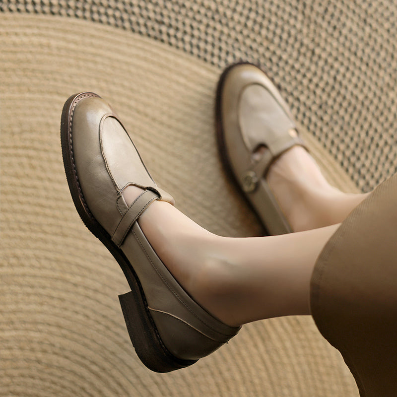 Vintage French-Style Mary Jane Leather Shoes with Metal Camellia Detail in Black/Coffee/Grey