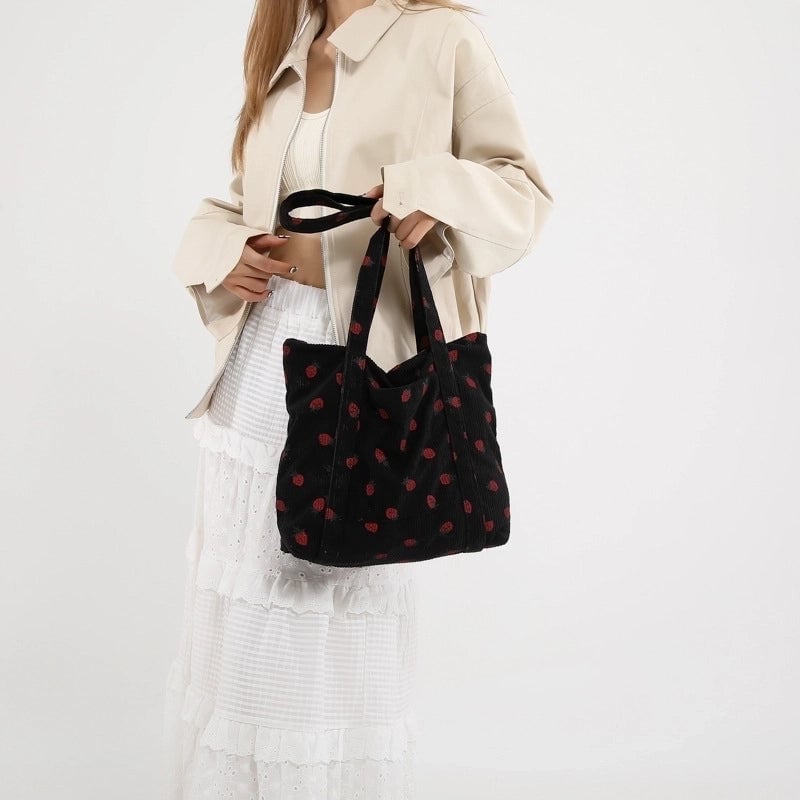 Women's Large Corduroy Strawberry Cute Square Zipper Shoulder Bag