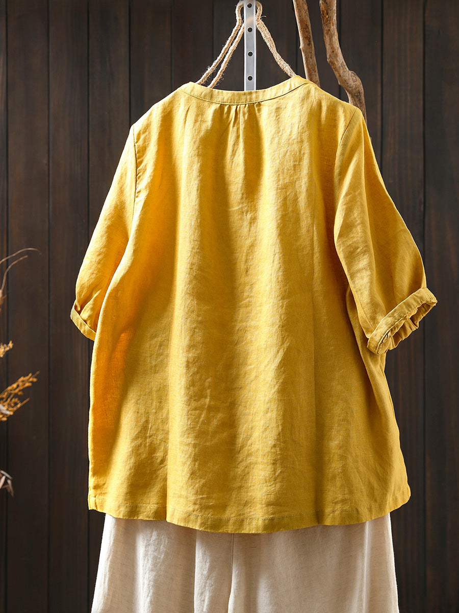 Women Summer Pure Color Button 100%Linen O-Neck Shirt
