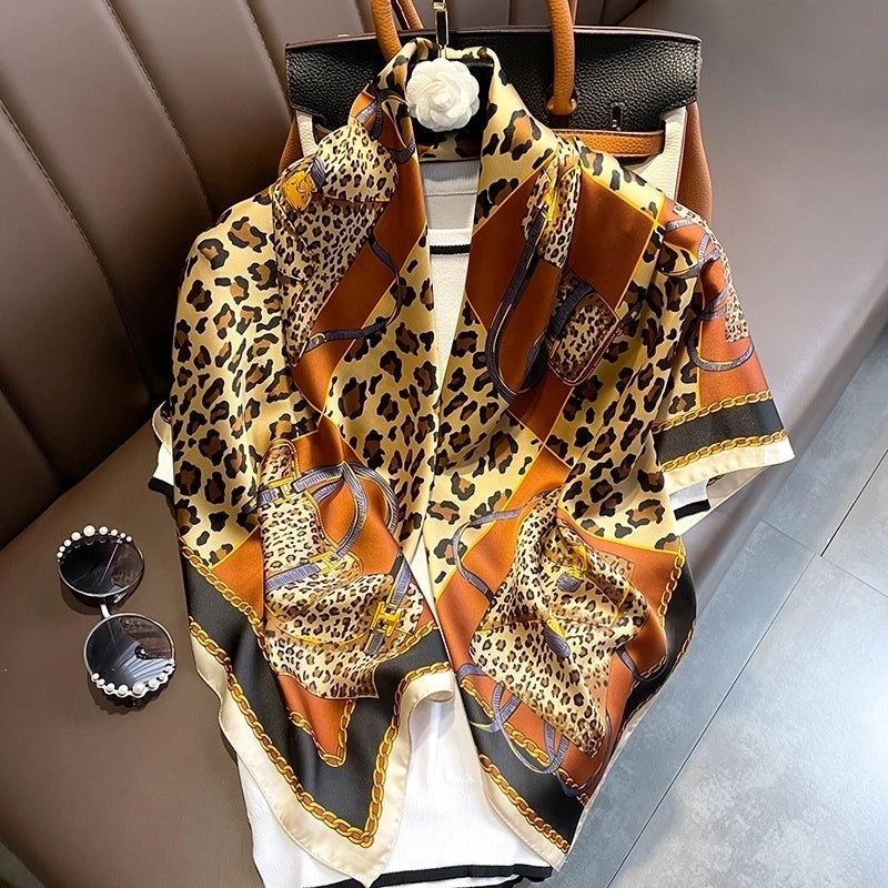 Fashion Light Luxury 90cm Simulation Silk Scarf Simple Striped Large Square Scarf