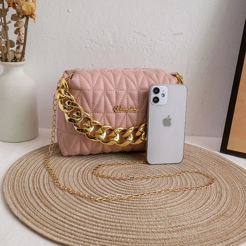 Fashion Solid Color Chain Square Zipper Rhombus Chain Bag