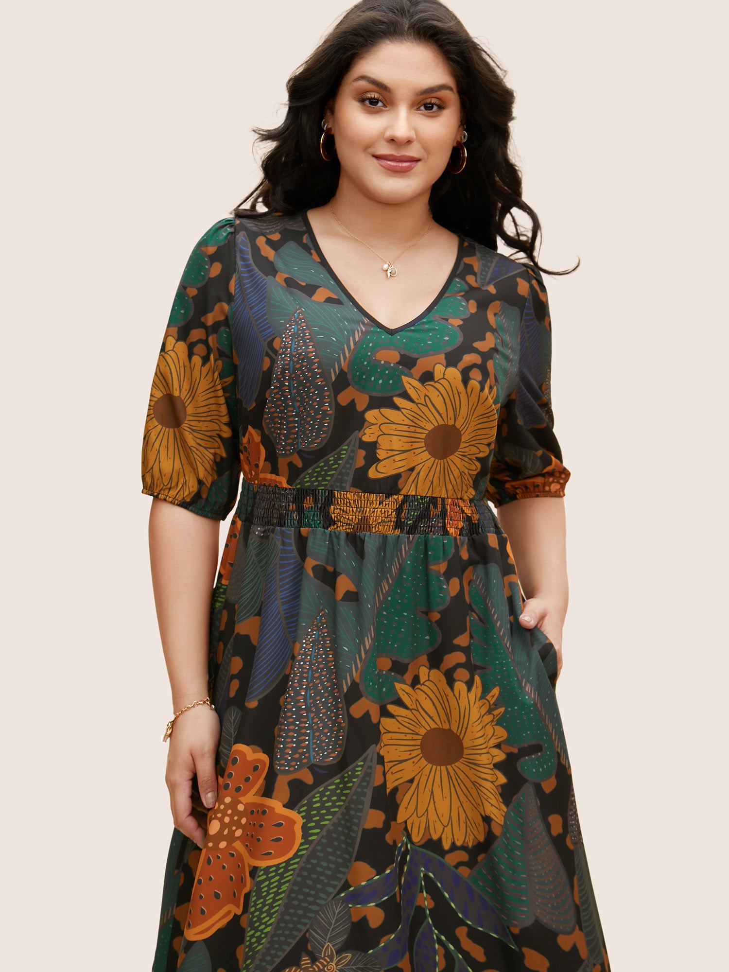 Floral Shirred Lantern Sleeve Midi Dress