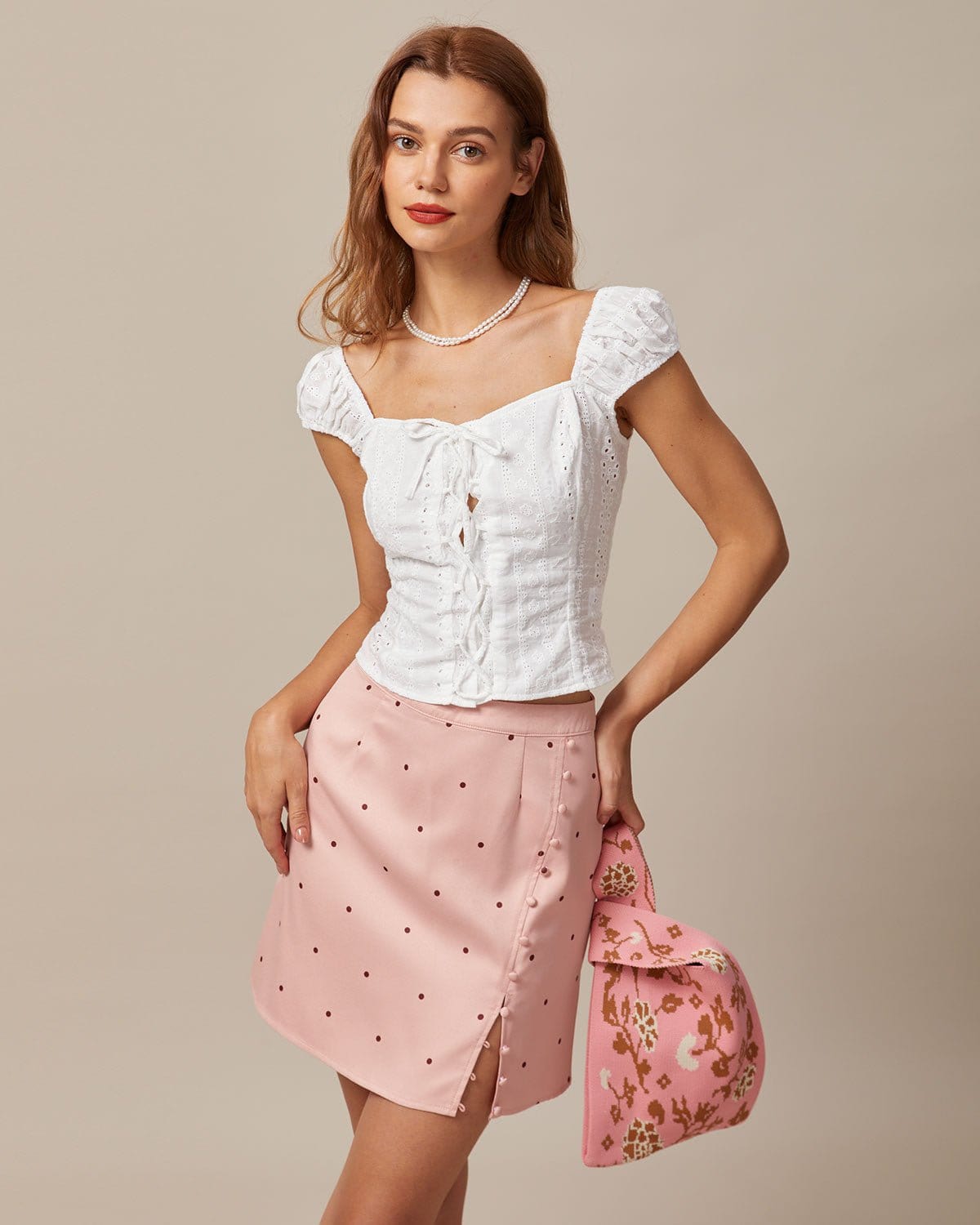 The Pink Polka Dot Button Slit Mini Skirt