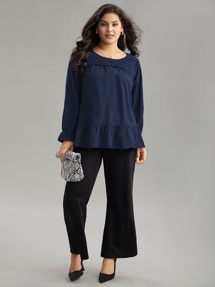 Static-Free Plain Pleated Ruffles Lantern Sleeve Blouse