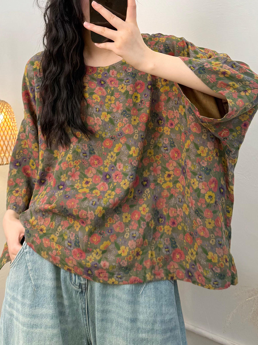 Women Summer Casual Flower O-Neck 100%Cotton Loose Shirt