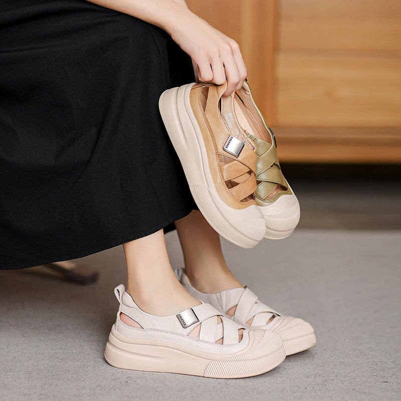Platform Hollow-Out Low-top Roman Sandals Cow Leather Fisherman Shoes in Beige/Yellow/Green