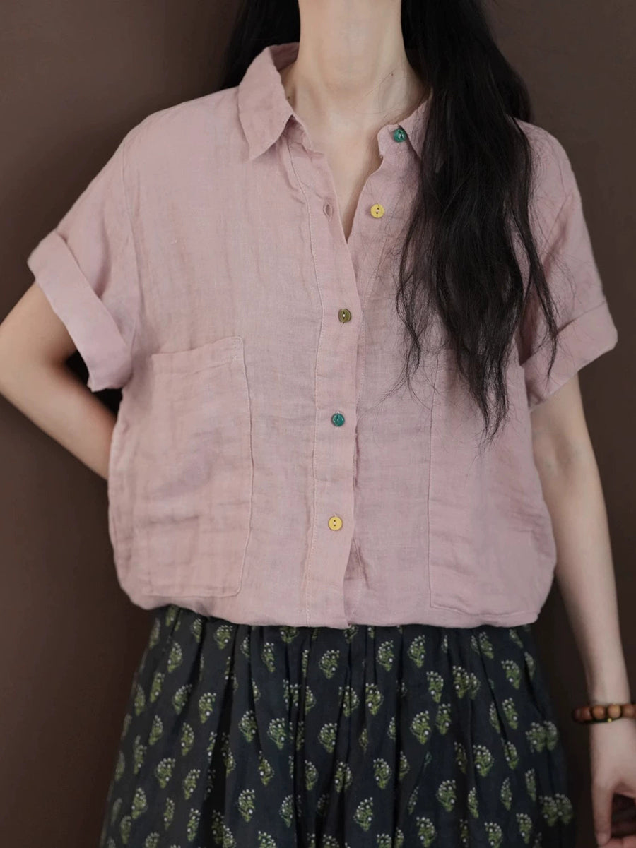 Women Summer Pure Color Turn-down Collar 100%Linen Shirt