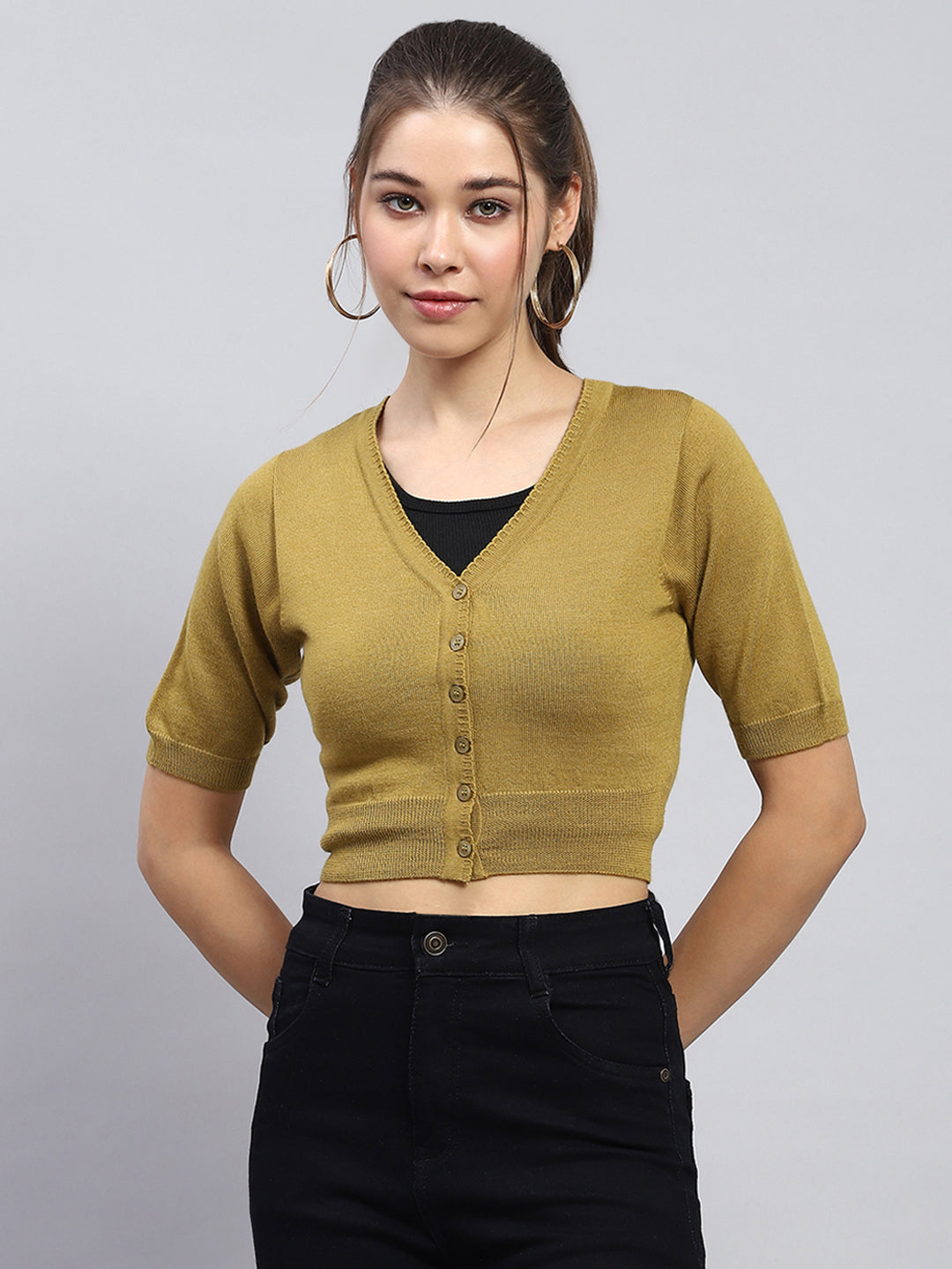 Women Khaki Solid V Neck Half Sleeve Blouse