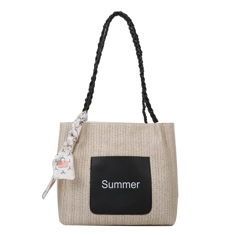 Women's Medium Straw Letter Color Block Vacation Beach Zipper Tote Bag