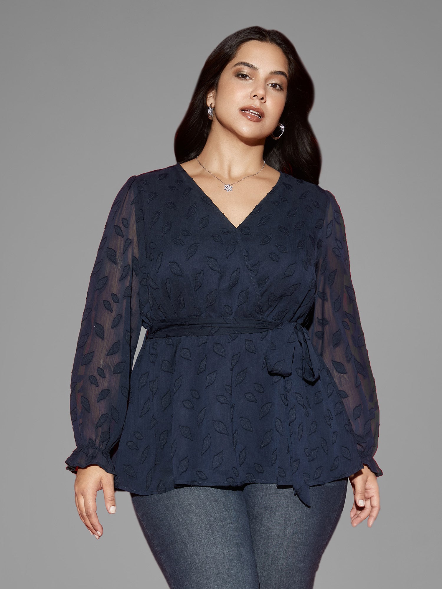 Burn-out Fabric Surplice Neckline Shirt
