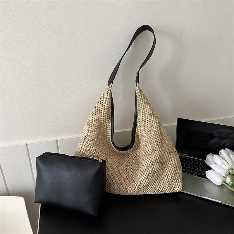 Women's Medium Pu Leather Straw Solid Color Vacation Beach Weave Square Magnetic Buckle Bag Sets Straw Bag