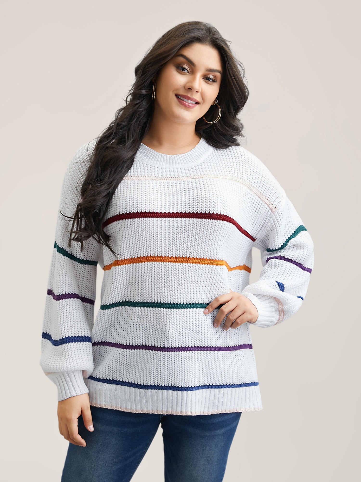 Multi-Color Textured Balloon Sleeve Pullover