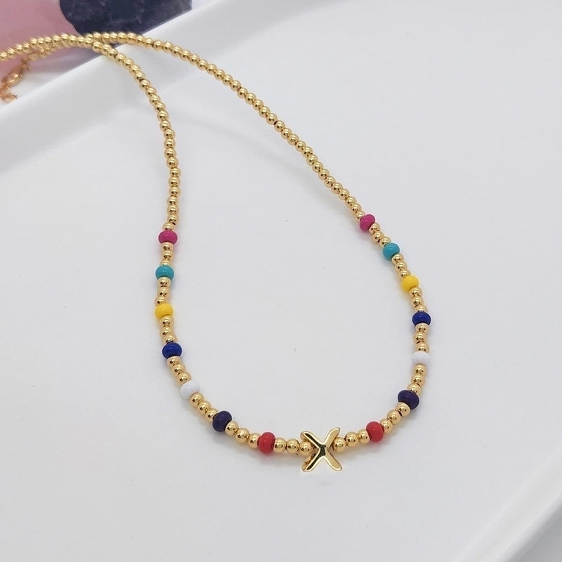 Ig Style Minimalist Letter Glass Copper Beaded Knitting Plating 18k Gold Plated Necklace