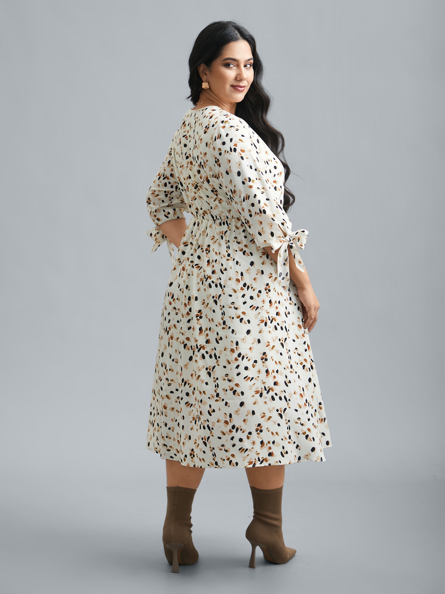 Printed Stretchy Waist-Cinched Midi Dress