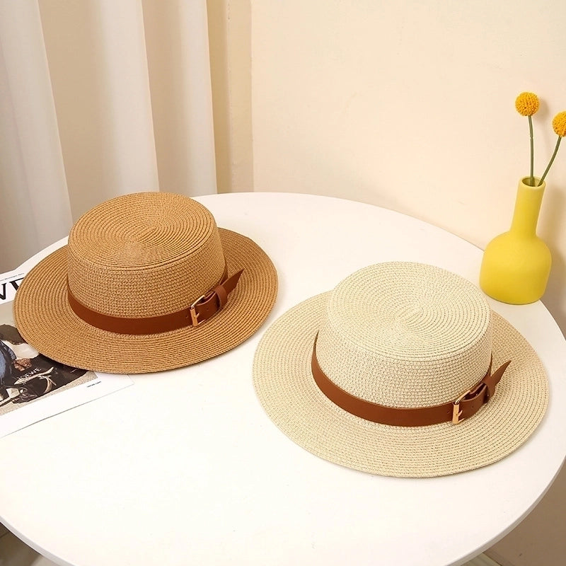 Women's Pastoral Solid Color Belt Buckle Wide Eaves Straw Hat
