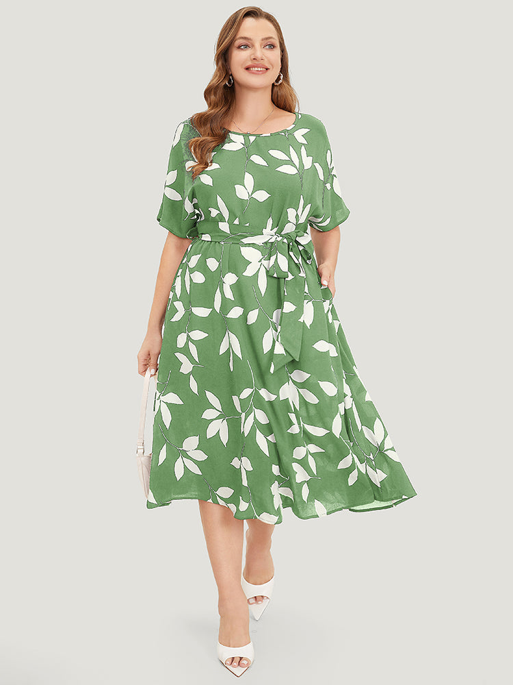 Leaf Print Pocket Belted Dress