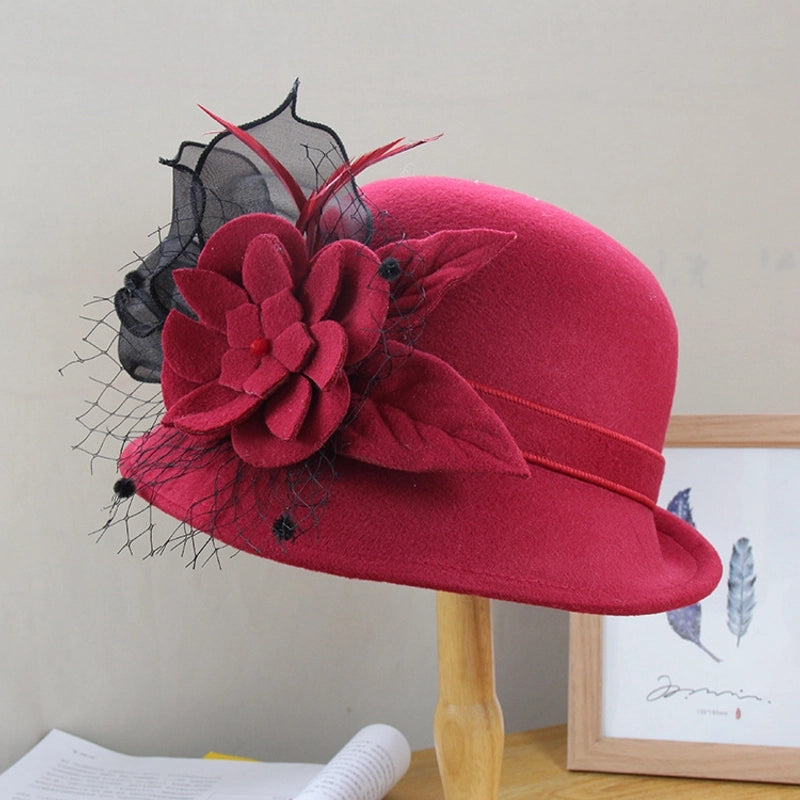 Autumn And Winter  Elegant Mesh Flower Felt Hat Women's Outdoor Warm Woolen Basin Hat Curled Top Hat