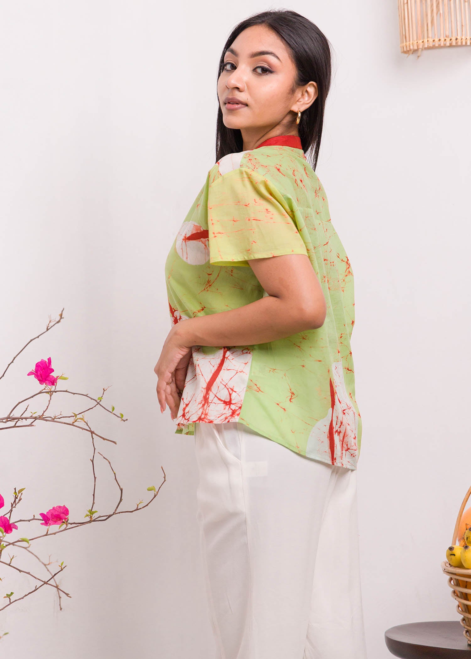 Anthurium Printed Batik Top with Chinese Collar