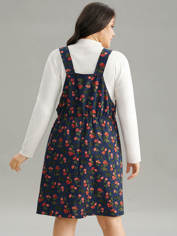Ditsy Floral Corduroy Pocket Zipper Fly Cami Dress