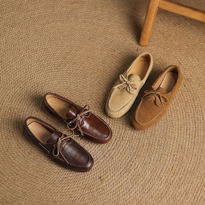 Vintage Leather Lace-Up Loafers Round Toe Flat Oxford Shoes in Light Brown/Deep Brown/Caramel/Apricot