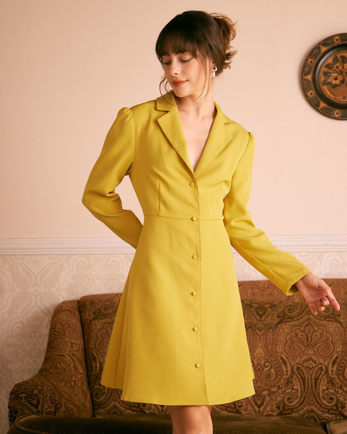 The Yellow Lapel Scalloped Button Mini Dress