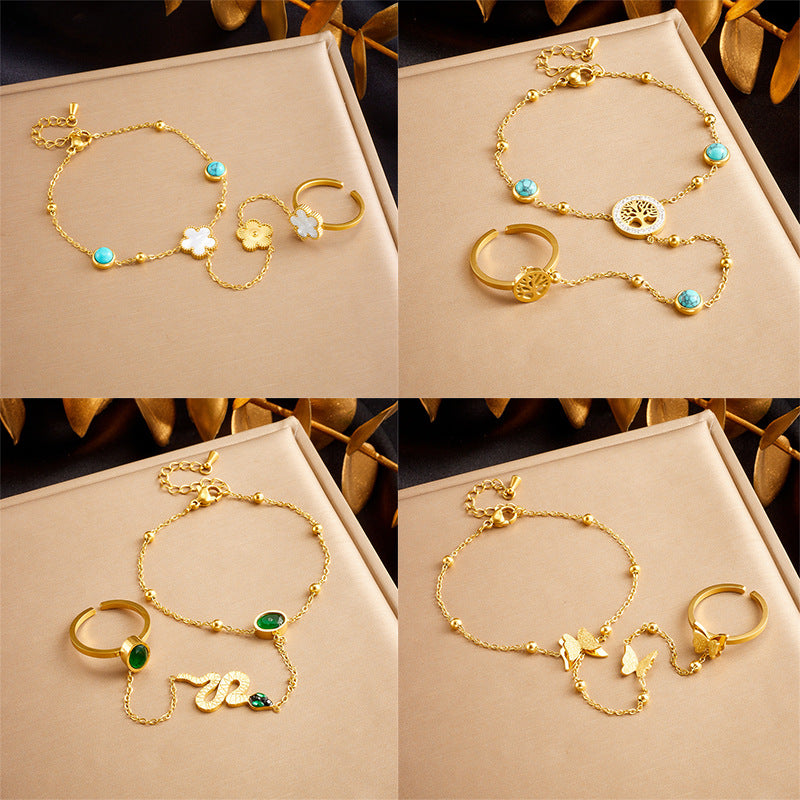 Fashion Niche Retro Stainless Steel Round Blue Turquoise Tree Of Life Flower Accessories Decorative Finger Bracelet
