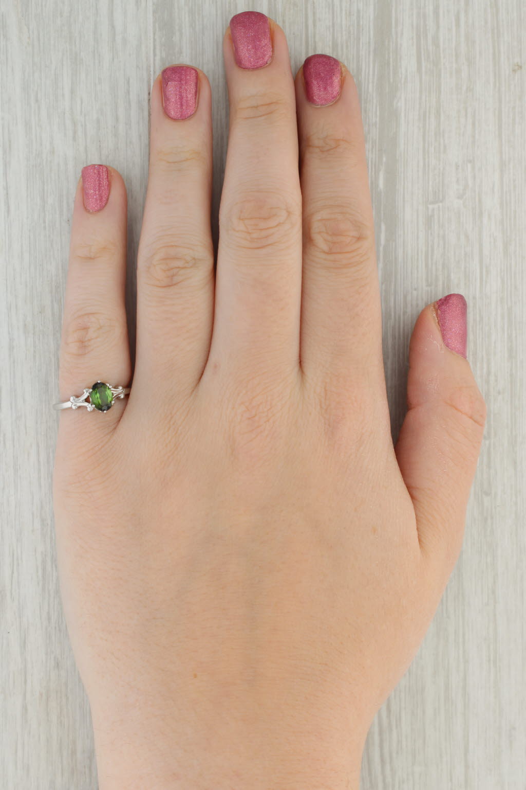 0.85ct Oval Green Tourmaline Solitaire Ring 14k White Gold Size 6.25