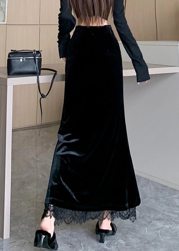 Stylish Black Lace Patchwork Silk Velvet Skirts Spring
