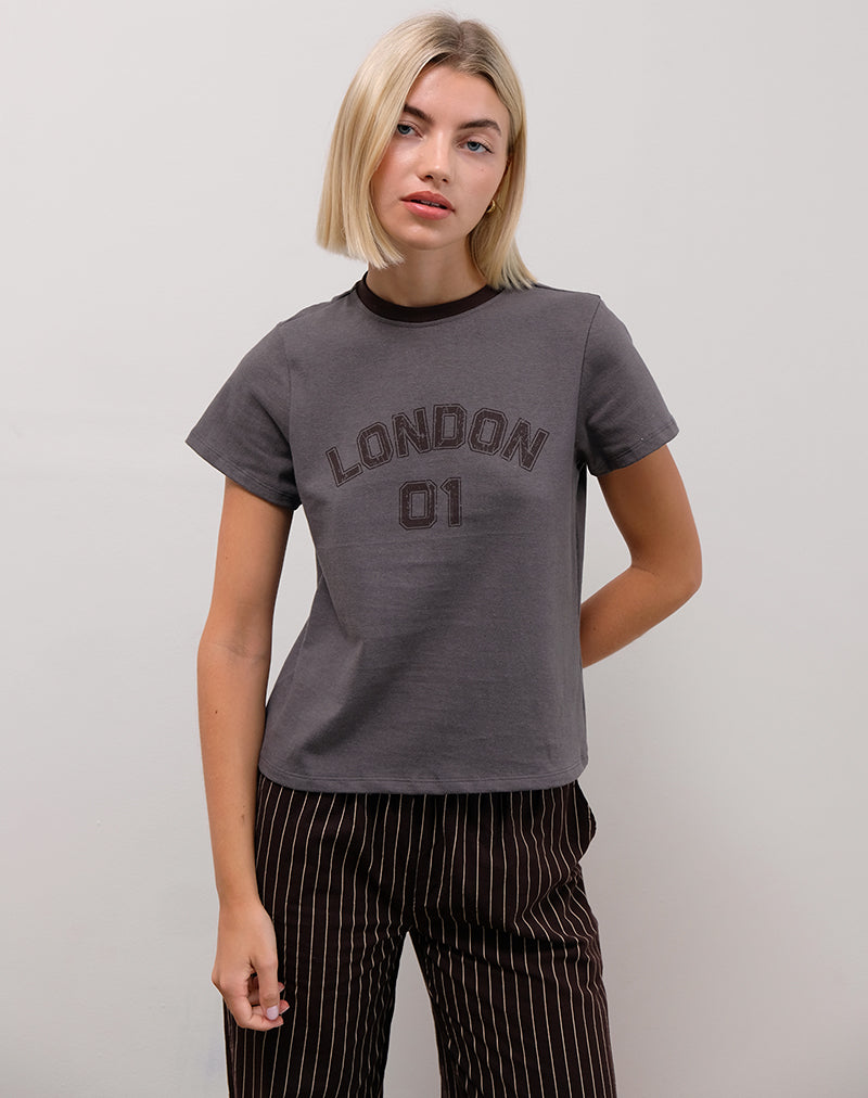 Sakha Boxy Tee in Dark Grey with London Print and Brown Binding