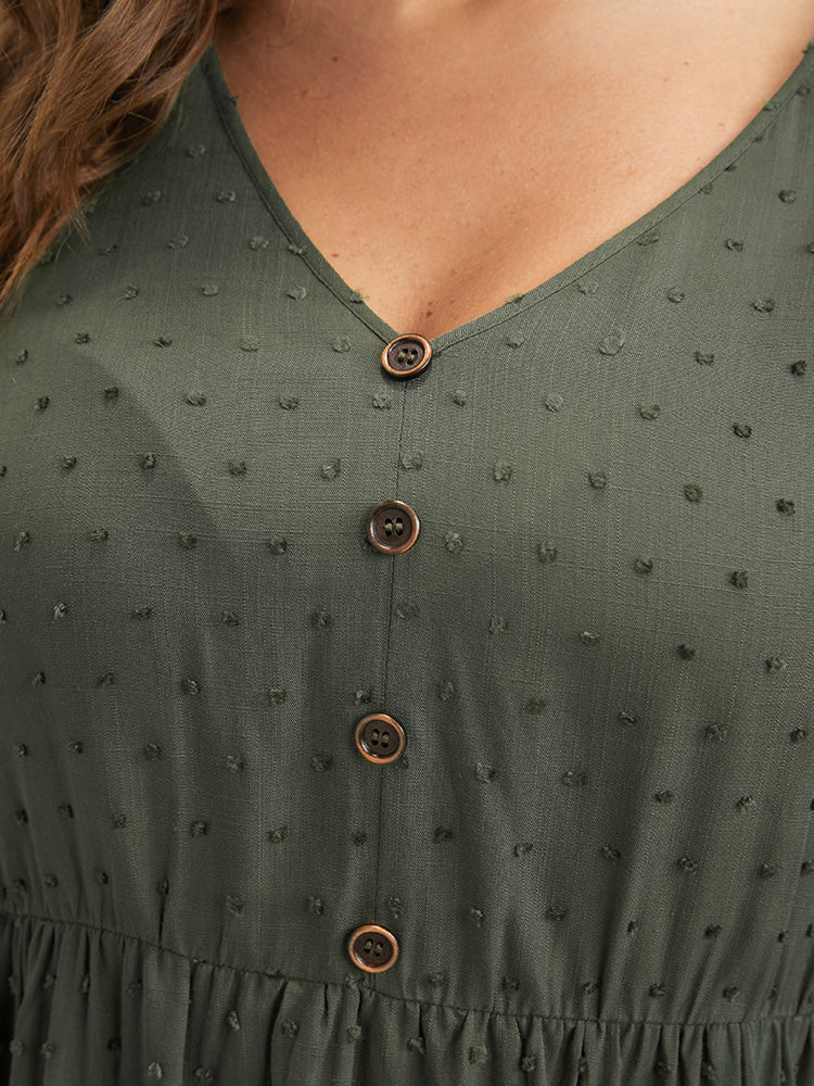 Polka Dot Flutter Button Detail Lantern Sleeve Blouse