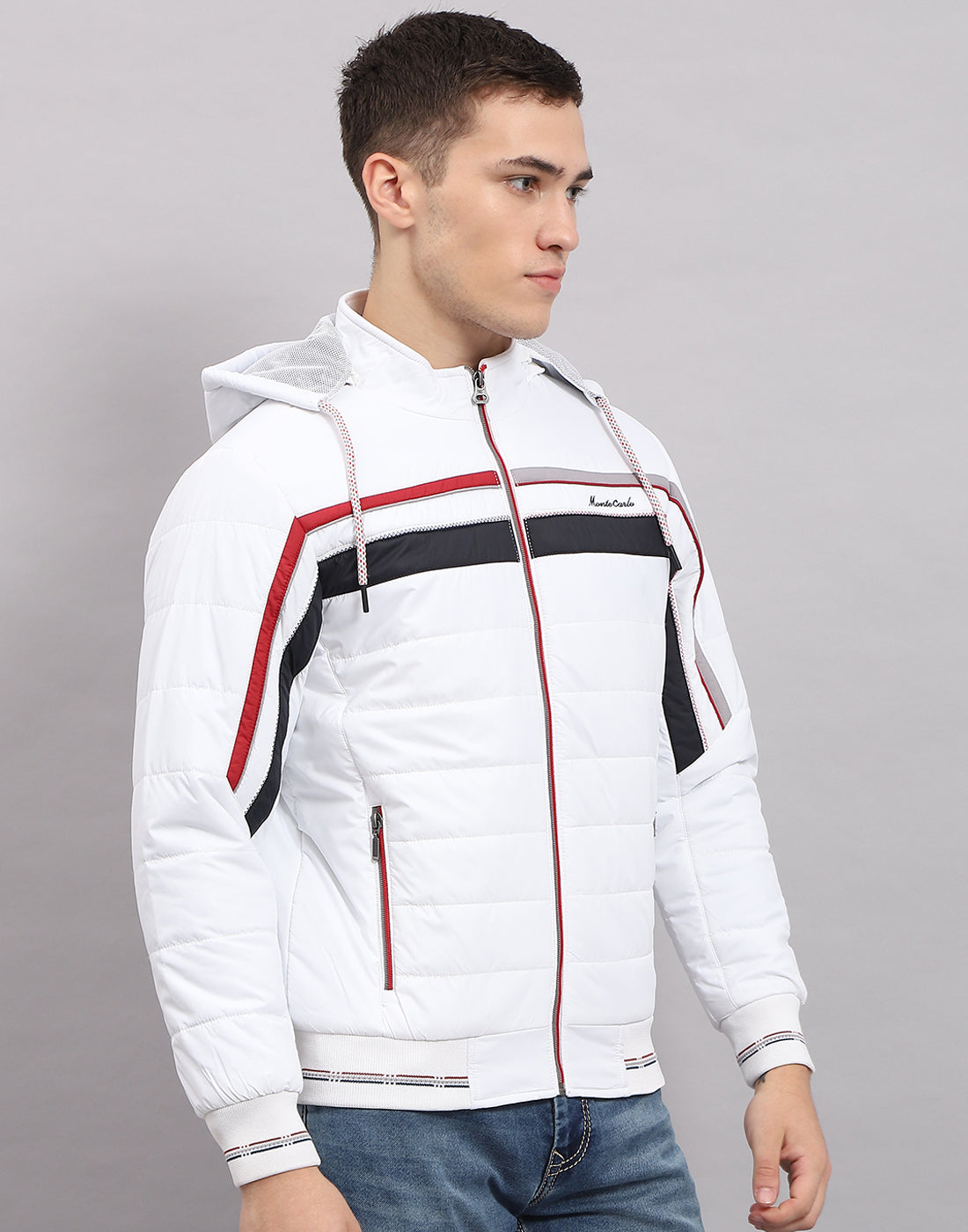 Men White Solid Hooded Full Sleeve Jacket