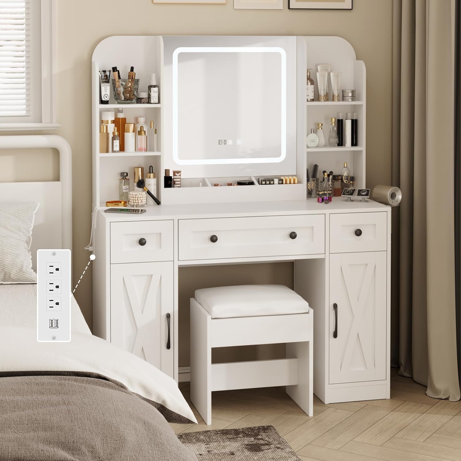 Vanity Table White Makeup Vanity Desk with Large Storage Drawers and Shelves