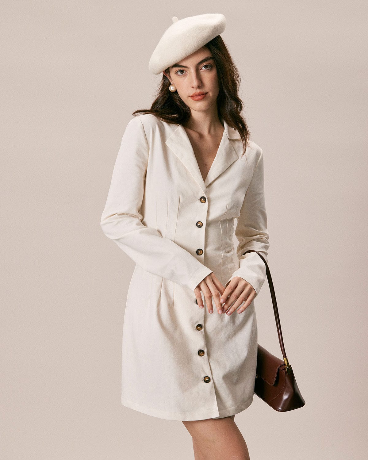 The Beige Lapel Button A Line Mini Dress
