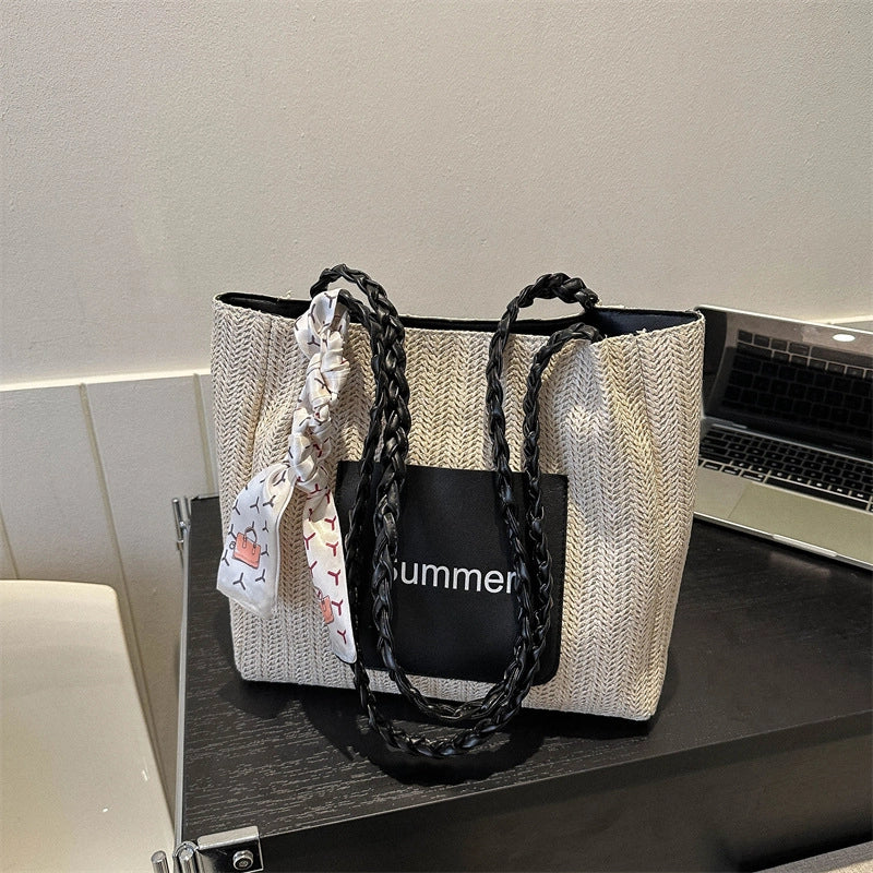 Women's Medium Straw Letter Color Block Vacation Beach Zipper Tote Bag
