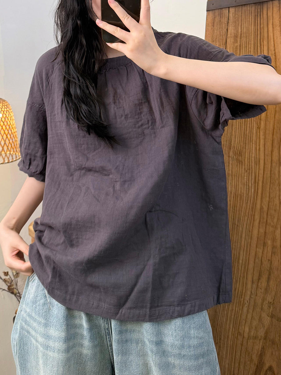 Women Summer Casual Pure Color Cotton O-Neck Shirt