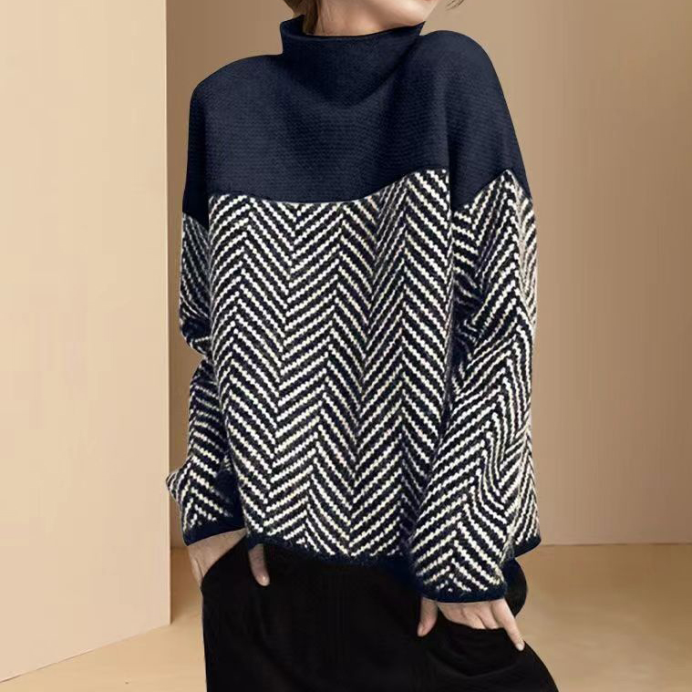 Vintage Turtleneck Contrasting Herringbone Jacquard Sweater