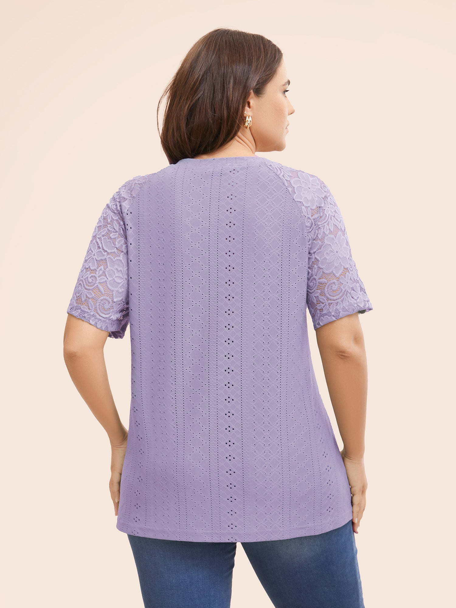 Solid Broderie Anglaise Lace Raglan Sleeve T-shirt