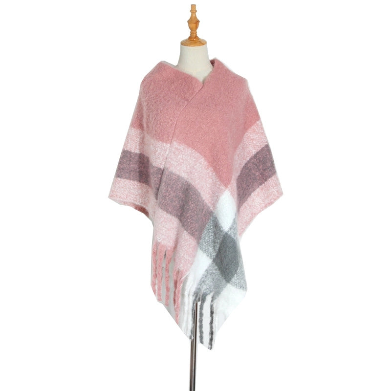 Hot Style New Autumn And Winter Women's Shawl Thick Tassel Loop Yarn Large Plaid Cloak