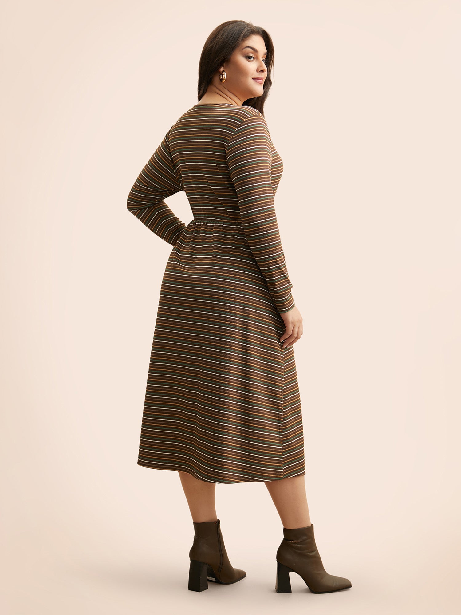 Striped Overlap Collar Midi Dress